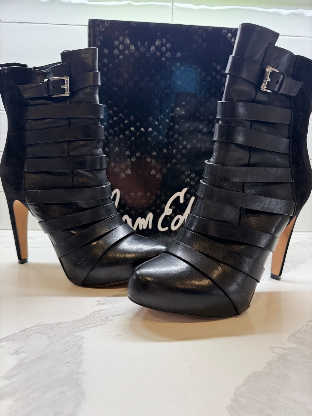 Sam Edelman Kendrix Black Strappy Leather Stiletto Ankle Boots